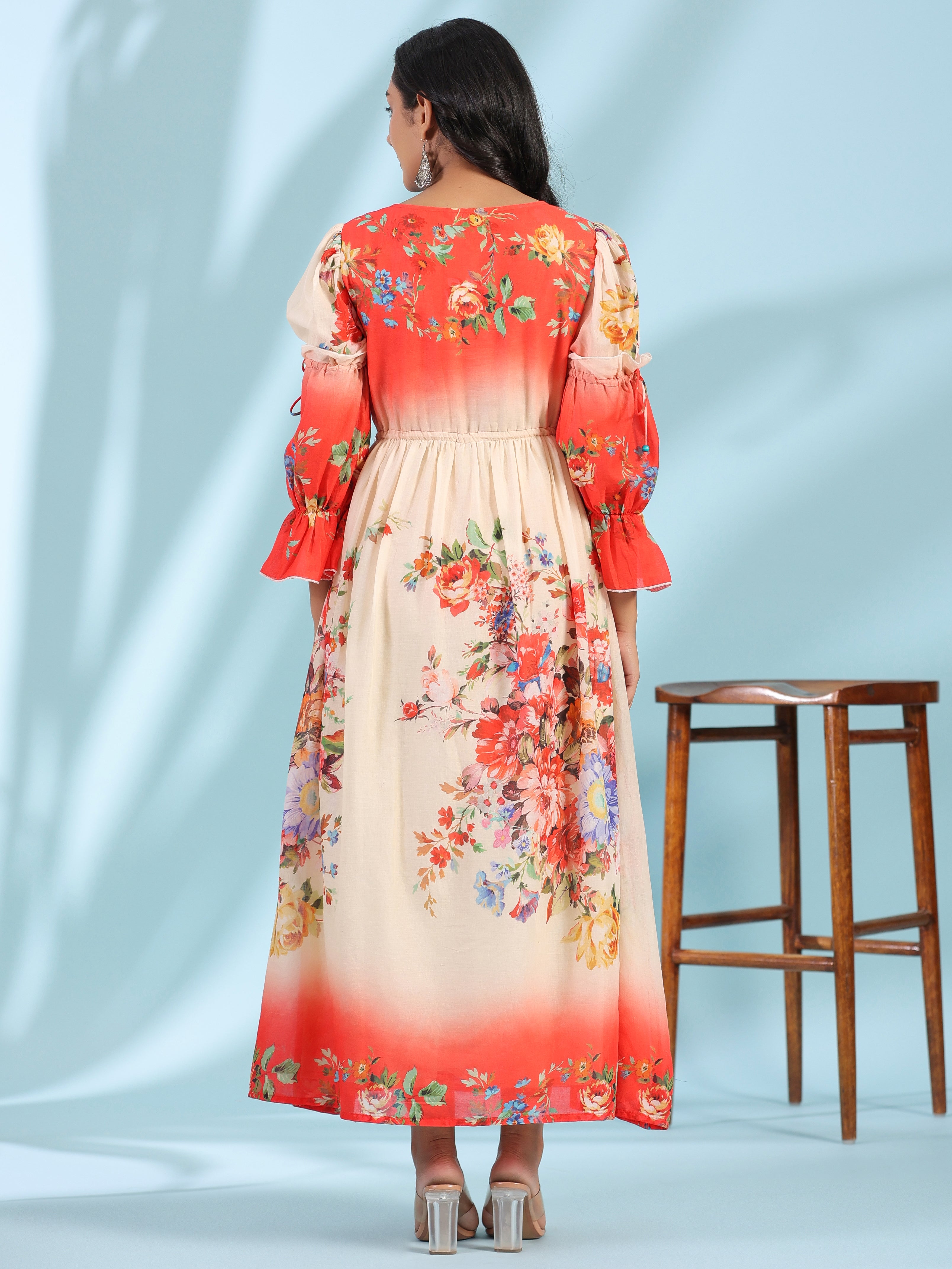 Juniper Women's Off-White Floral Printed Cotton Maxi Dress With Beads & Sequins Work - Distacart