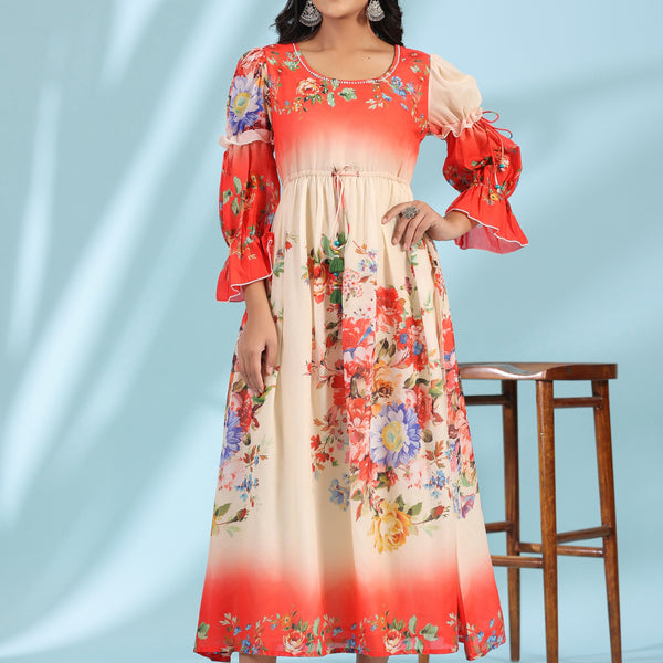 Juniper Women's Off-White Floral Printed Cotton Maxi Dress With Beads & Sequins Work - Distacart