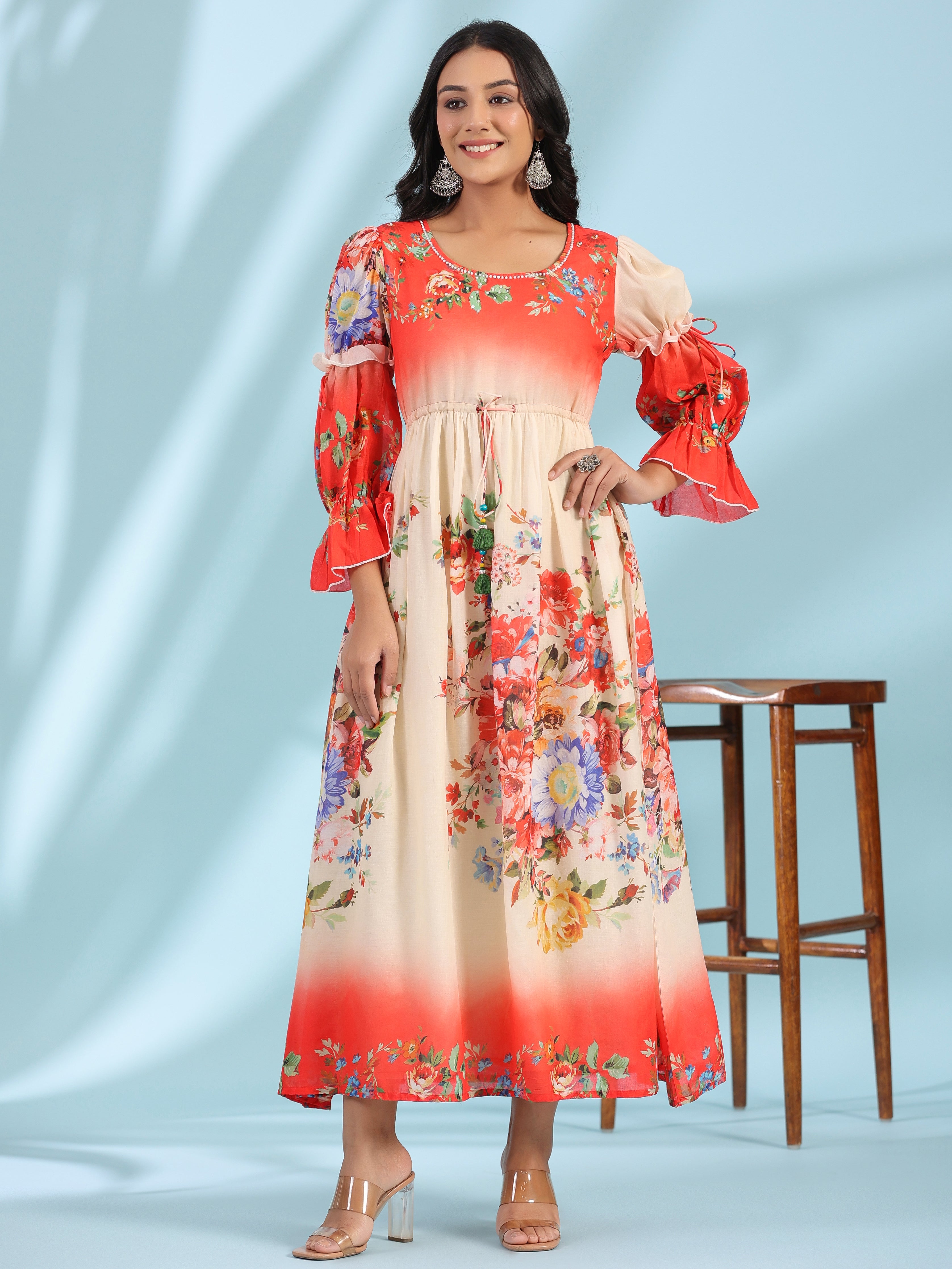 Juniper Women's Off-White Floral Printed Cotton Maxi Dress With Beads & Sequins Work - Distacart