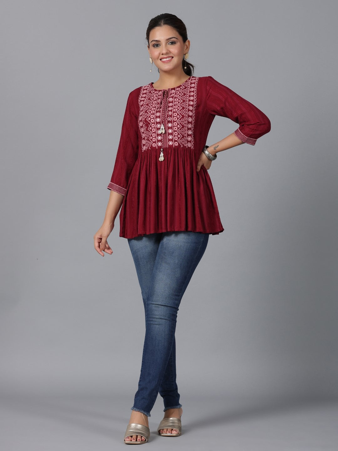Juniper Women's Maroon Geometric Printed Rayon Tunic With Thread Work - Distacart
