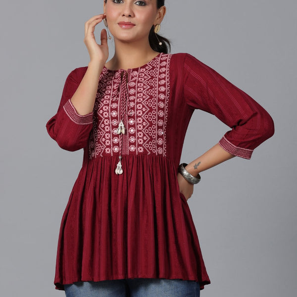 Juniper Women's Maroon Geometric Printed Rayon Tunic With Thread Work - Distacart