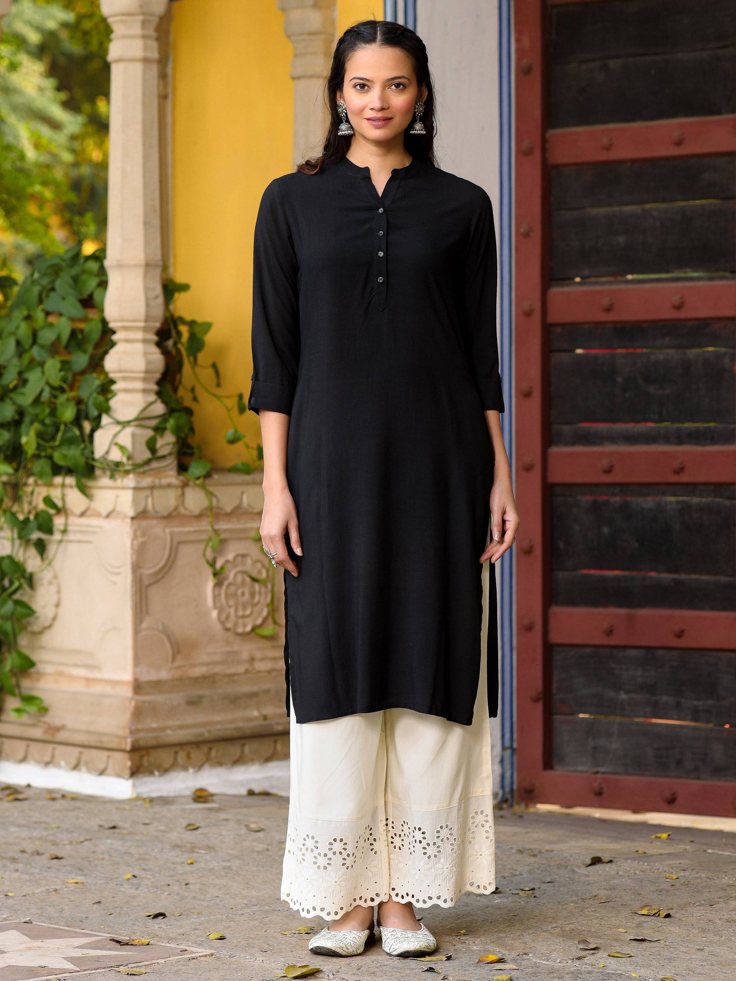 Juniper Women's Black Solid Modal Rayon Straight Kurta With Half Placket At Front - Distacart