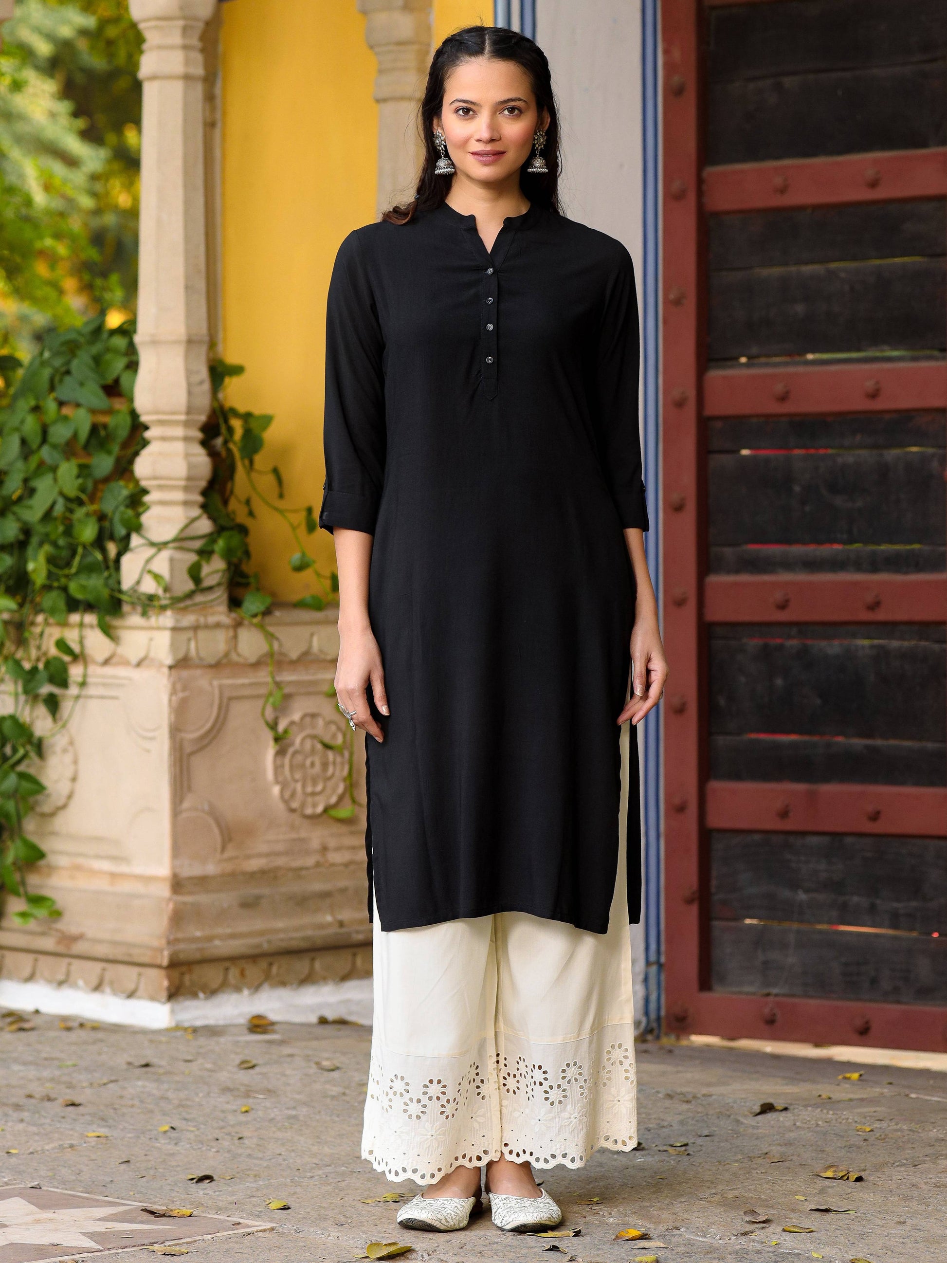Juniper Women's Black Solid Modal Rayon Straight Kurta With Half Placket At Front - Distacart