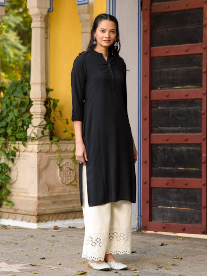 Juniper Women's Black Solid Modal Rayon Straight Kurta With Half Placket At Front - Distacart
