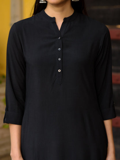 Juniper Women's Black Solid Modal Rayon Straight Kurta With Half Placket At Front - Distacart