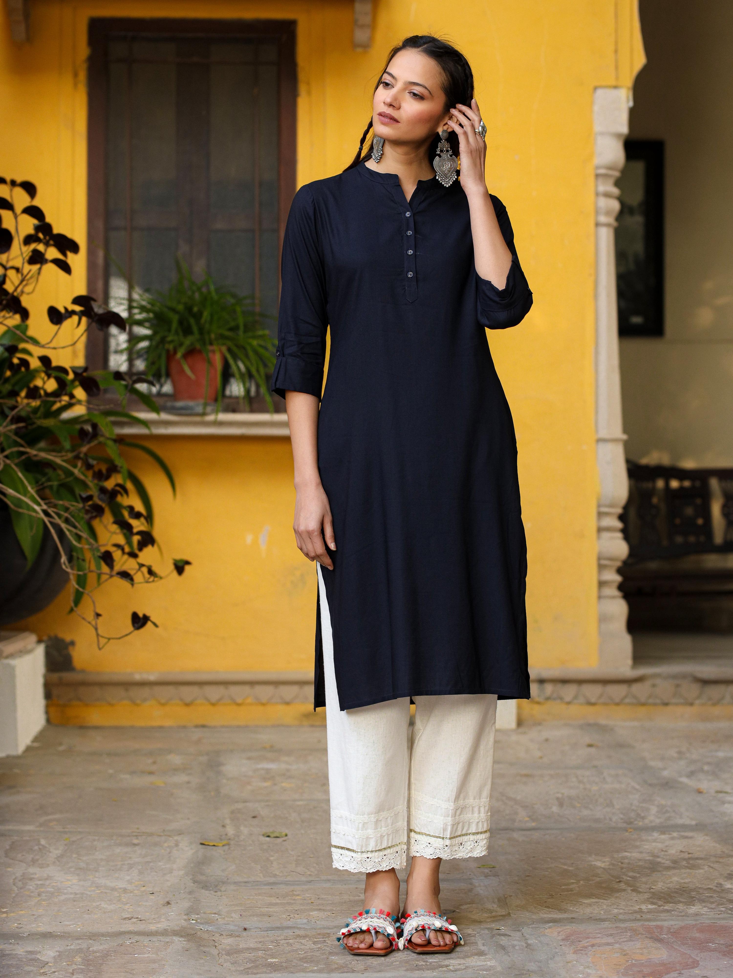 Juniper Navy Blue Solid Modal Rayon Straight Kurta With Half Placket At Front - Distacart