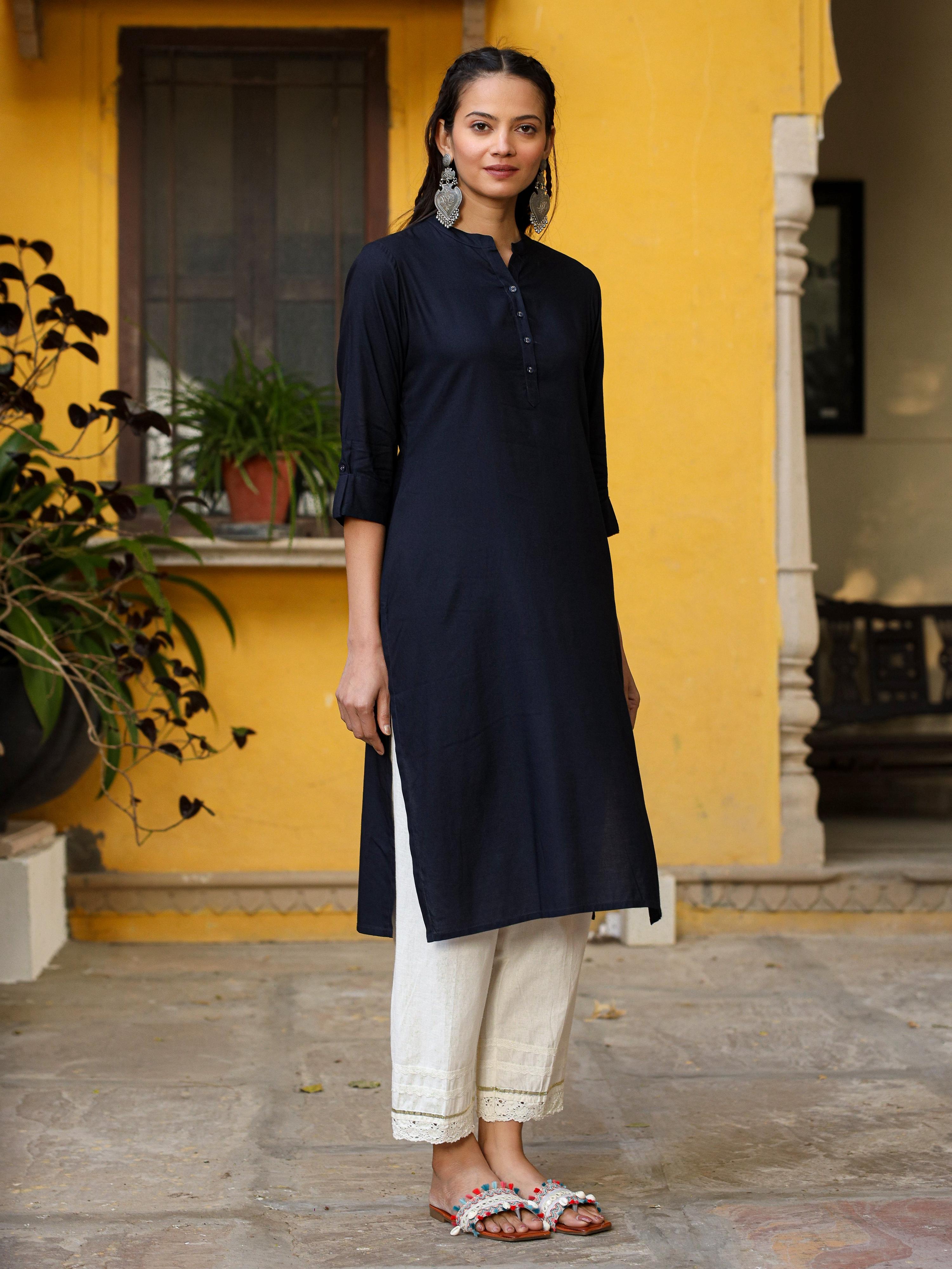 Juniper Women's Navy Blue Solid Modal Rayon Straight Kurta With Half Placket At Front - Distacart