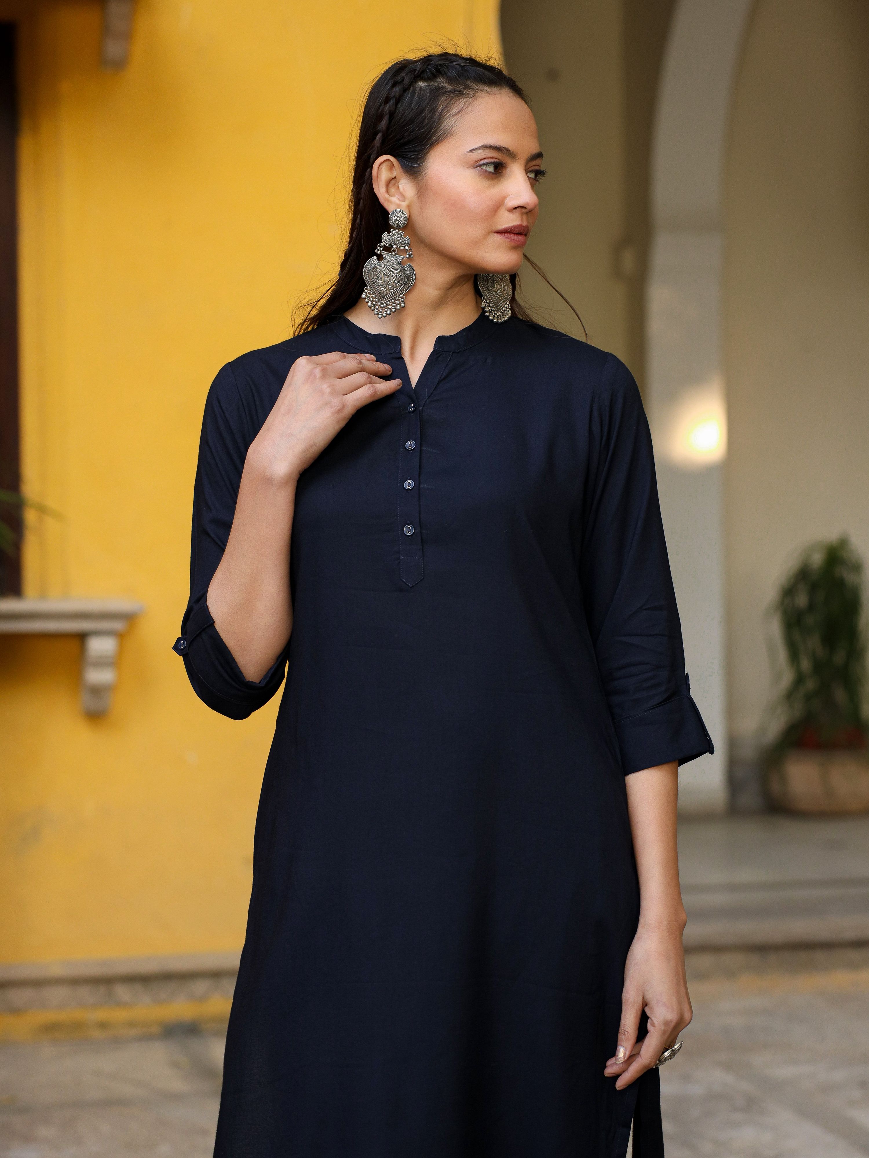Juniper Women's Navy Blue Solid Modal Rayon Straight Kurta With Half Placket At Front - Distacart