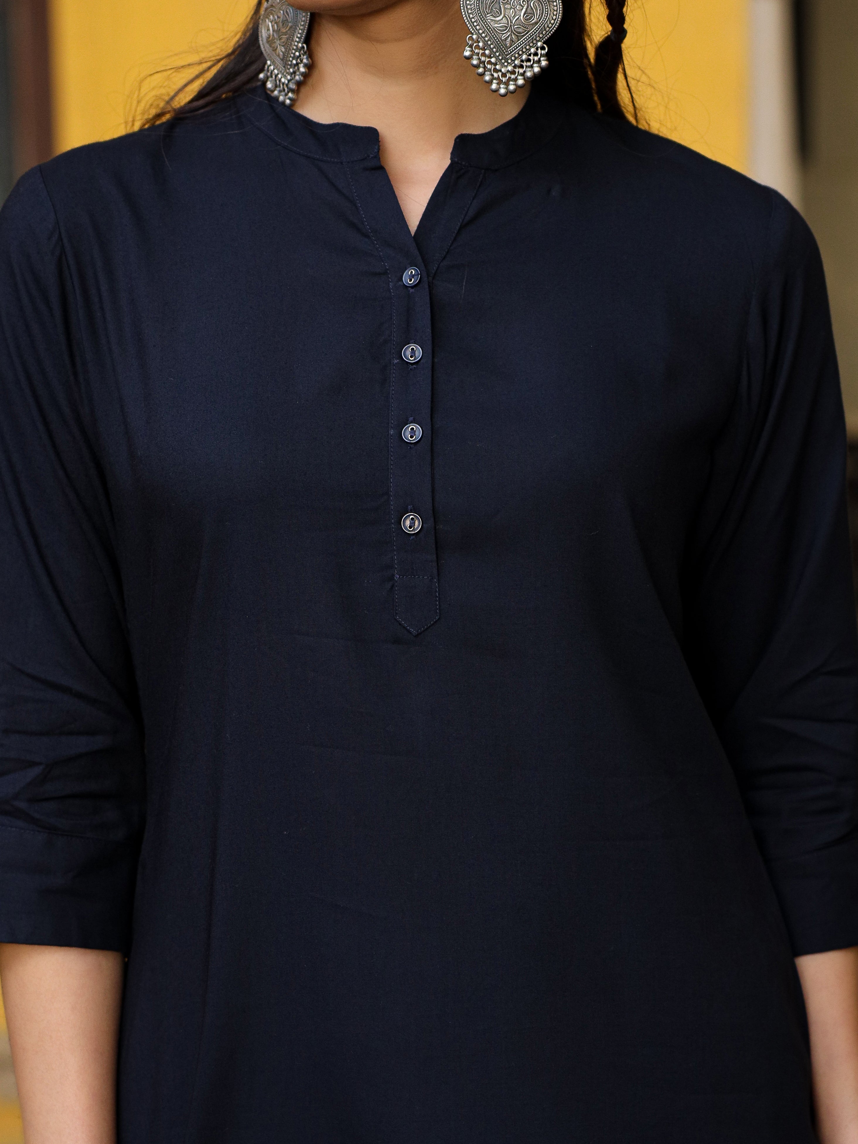 Juniper Women's Navy Blue Solid Modal Rayon Straight Kurta With Half Placket At Front - Distacart