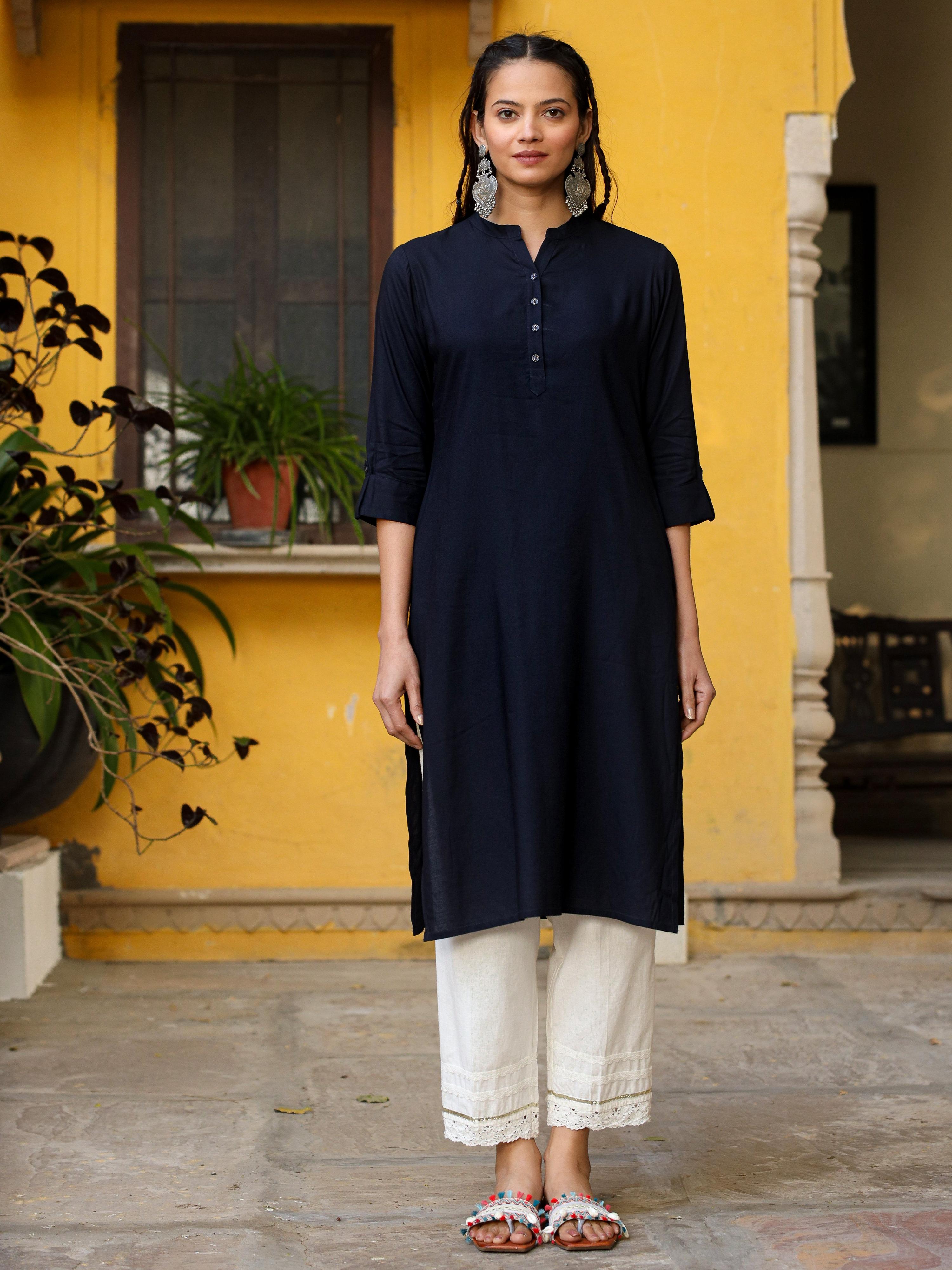 Juniper Navy Blue Solid Modal Rayon Straight Kurta With Half Placket At Front - Distacart