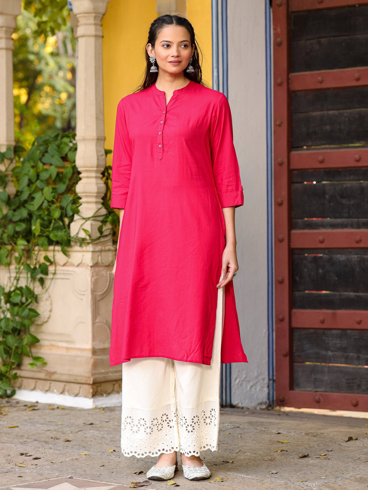 Juniper Pink Solid Modal Rayon Straight Kurta With Half Placket At Front - Distacart
