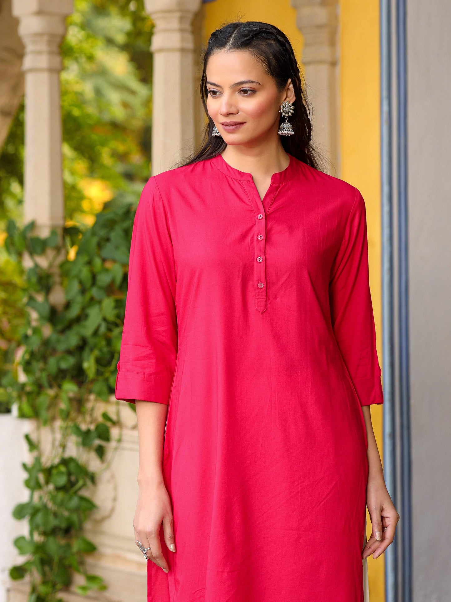 Juniper Pink Solid Modal Rayon Straight Kurta With Half Placket At Front - Distacart