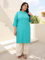 Thumbnail for Juniper Women's Teal Modal Rayon Slub Plus Size Kurta - Distacart