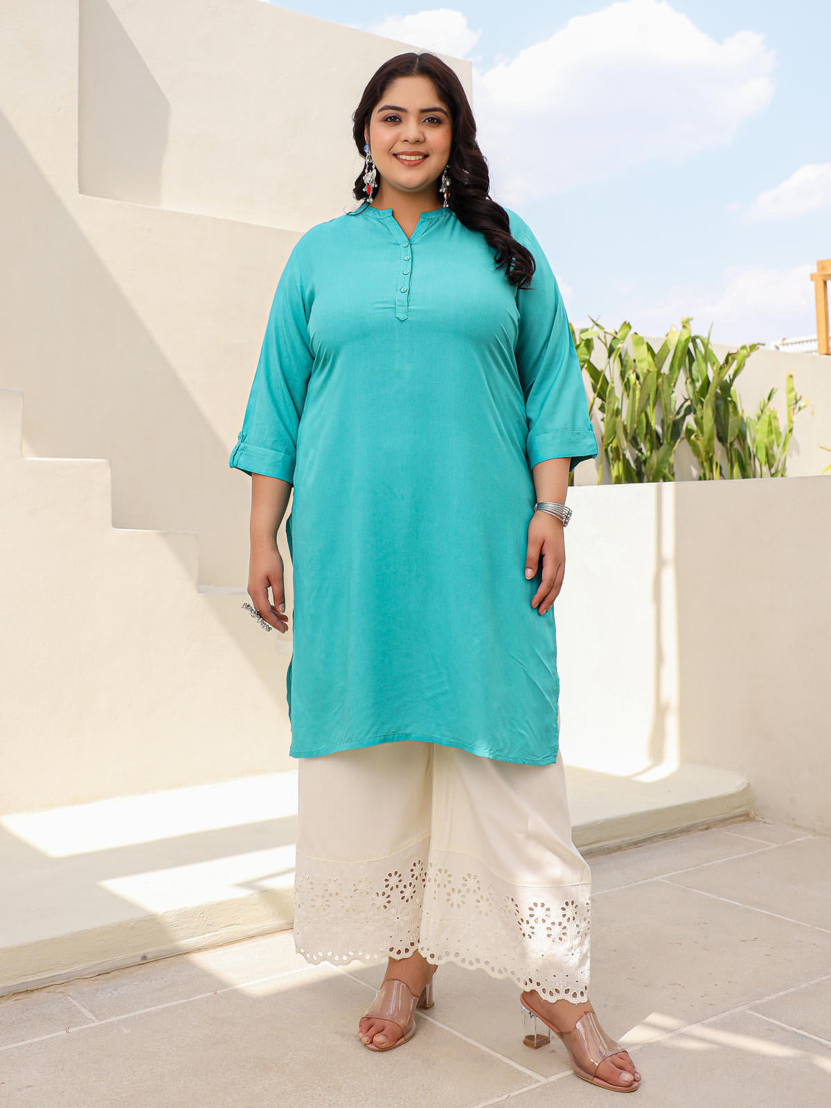 Juniper Women's Teal Modal Rayon Slub Plus Size Kurta - Distacart