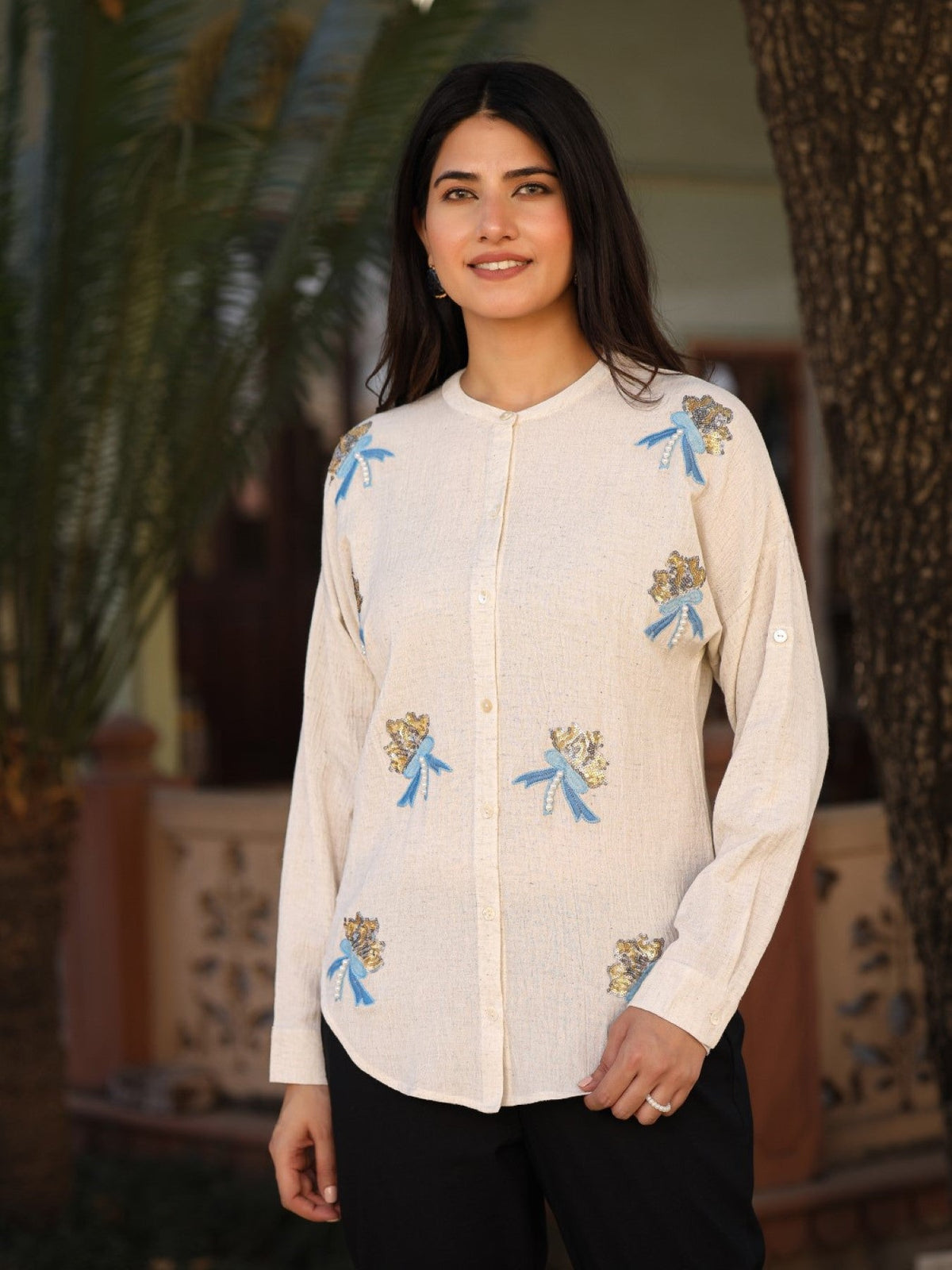 Juniper Women's Women Natural Solid Shirt With Sequins Work - Distacart