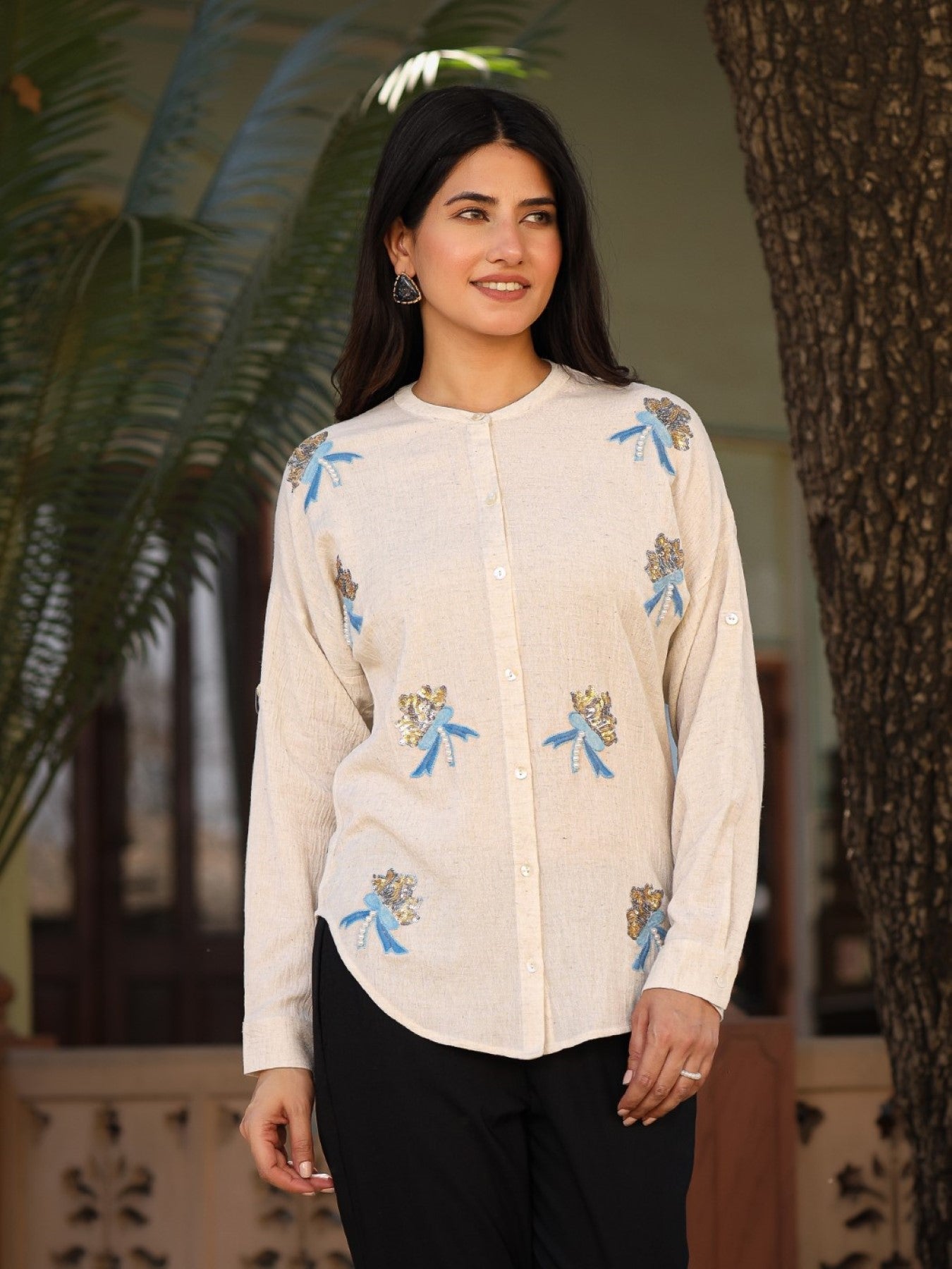 Juniper Women's Women Natural Solid Shirt With Sequins Work - Distacart