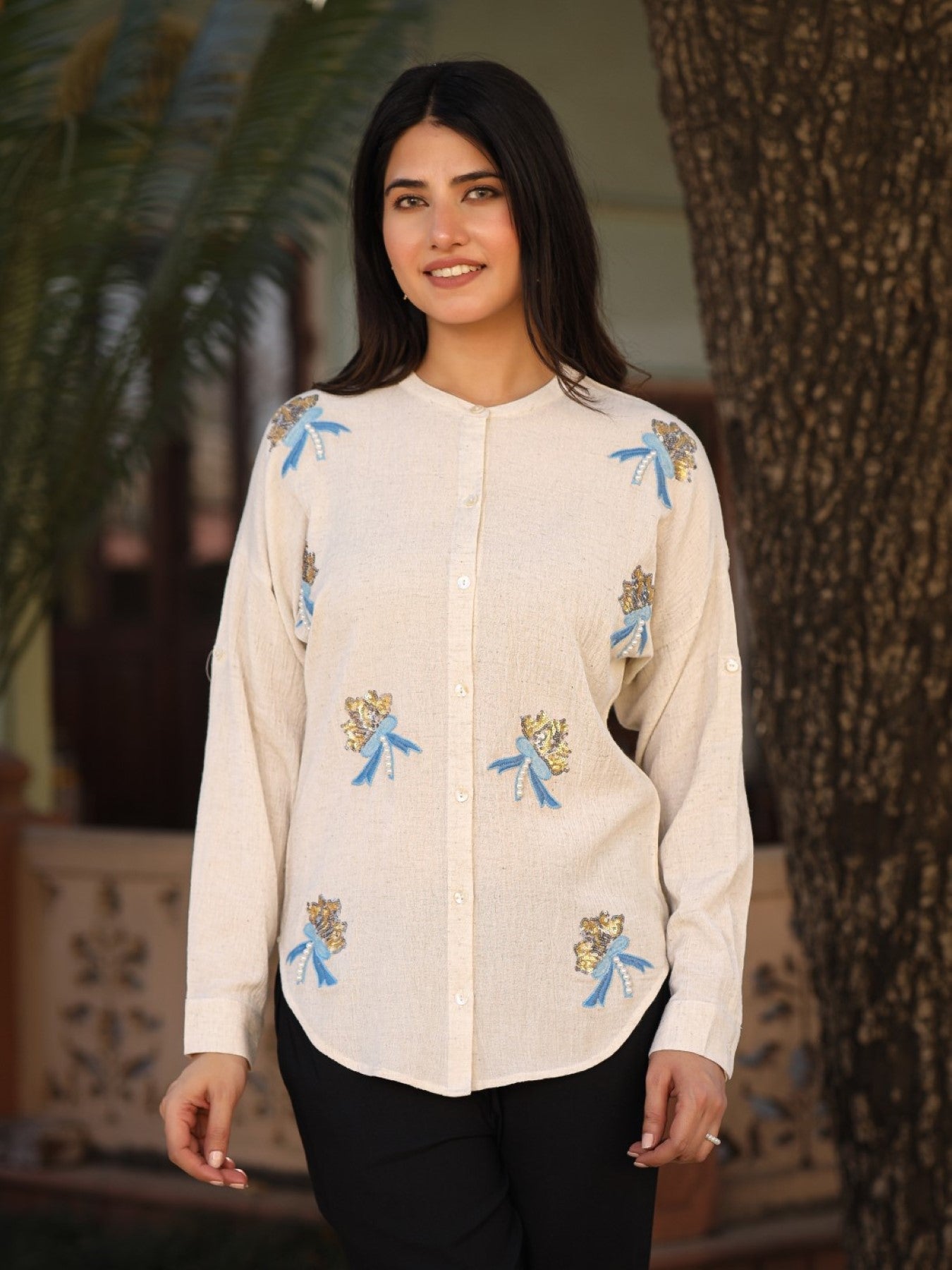 Juniper Women's Women Natural Solid Shirt With Sequins Work - Distacart