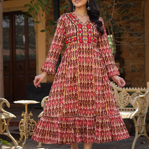 Juniper Maroon Ikat Printed Cotton Maxi Dress with Embroidered Neckline - Distacart