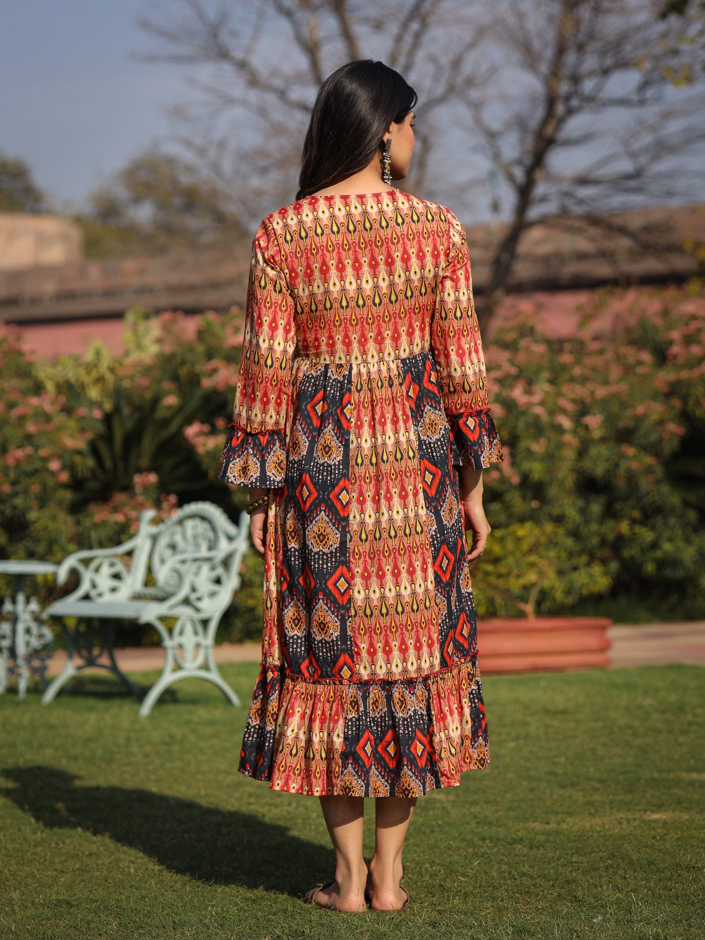 Juniper Rust Ikat Printed Cotton Maxi Dress with Embroidered Neckline - Distacart