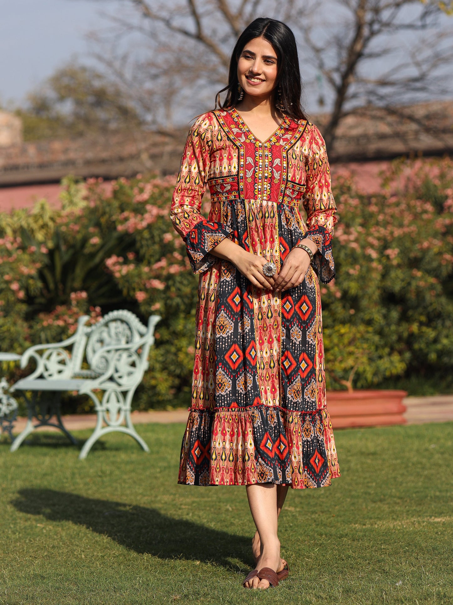 Juniper Rust Ikat Printed Cotton Maxi Dress with Embroidered Neckline - Distacart