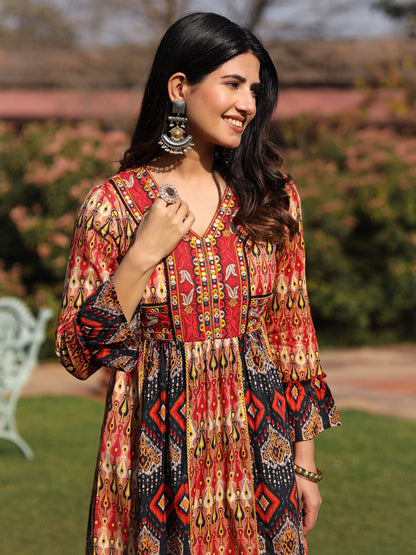 Juniper Rust Ikat Printed Cotton Maxi Dress with Embroidered Neckline - Distacart