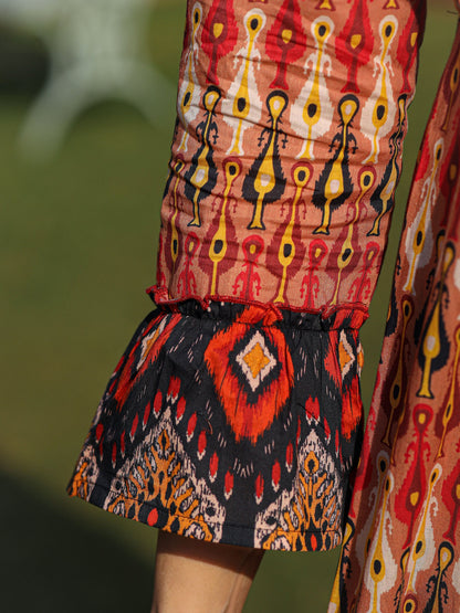 Juniper Rust Ikat Printed Cotton Maxi Dress with Embroidered Neckline - Distacart