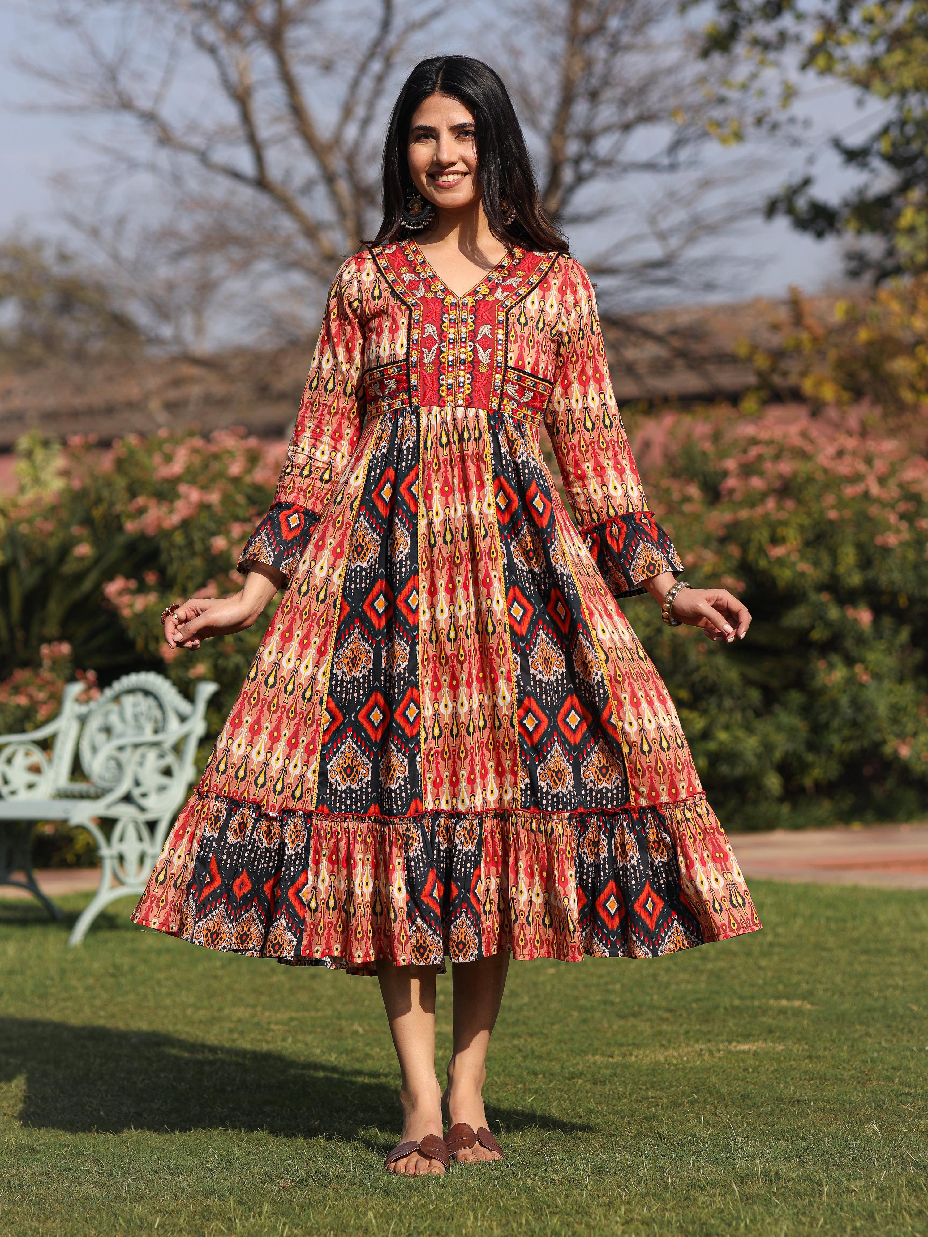Juniper Rust Ikat Printed Cotton Maxi Dress with Embroidered Neckline - Distacart