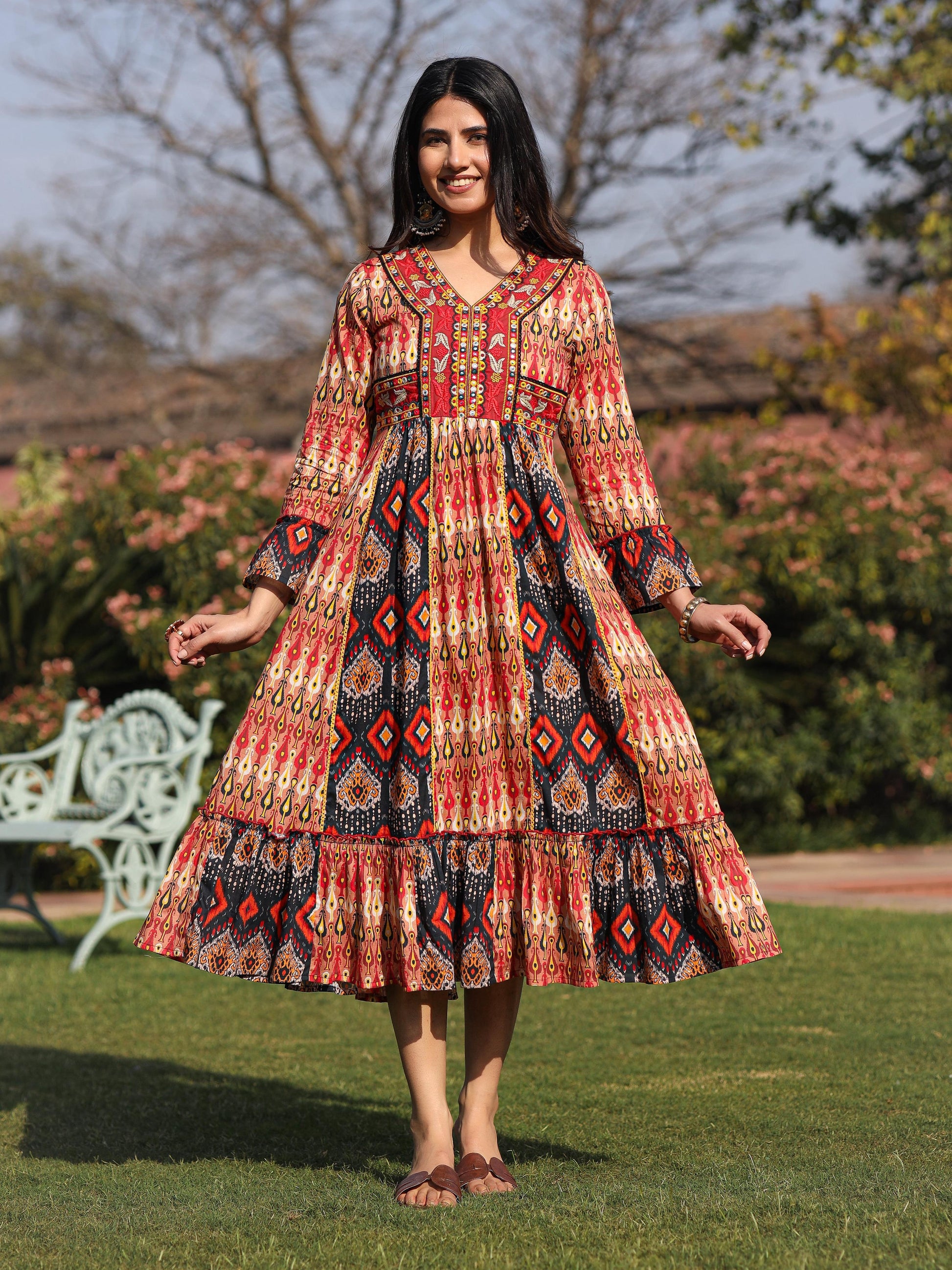Juniper Rust Ikat Printed Cotton Maxi Dress with Embroidered Neckline - Distacart