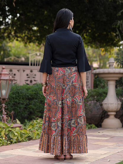 Juniper Women's Solid Liva Rayon Black Shirt With Multi Color Skirt Co-Ord Set - Distacart