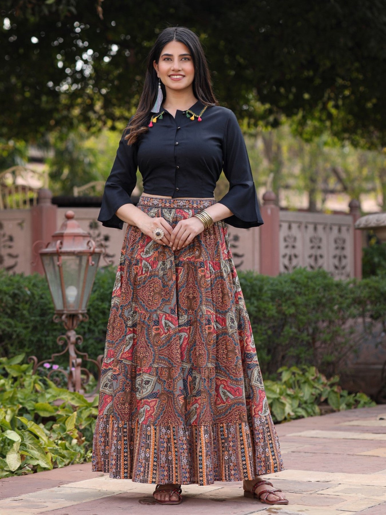Juniper Women's Solid Liva Rayon Black Shirt With Multi Color Skirt Co-Ord Set - Distacart