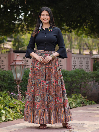 Juniper Women's Solid Liva Rayon Black Shirt With Multi Color Skirt Co-Ord Set - Distacart