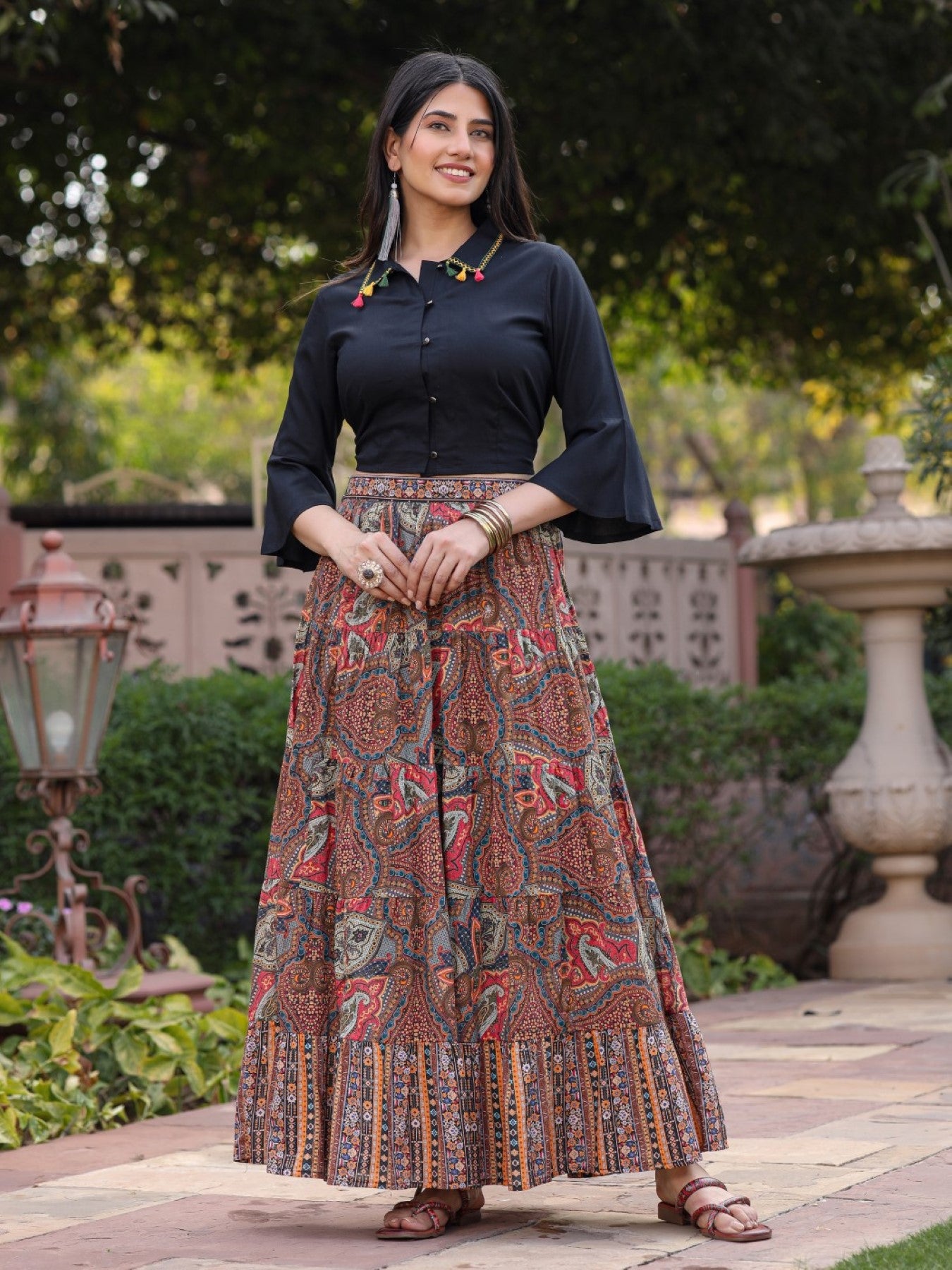 Juniper Women's Solid Liva Rayon Black Shirt With Multi Color Skirt Co-Ord Set - Distacart
