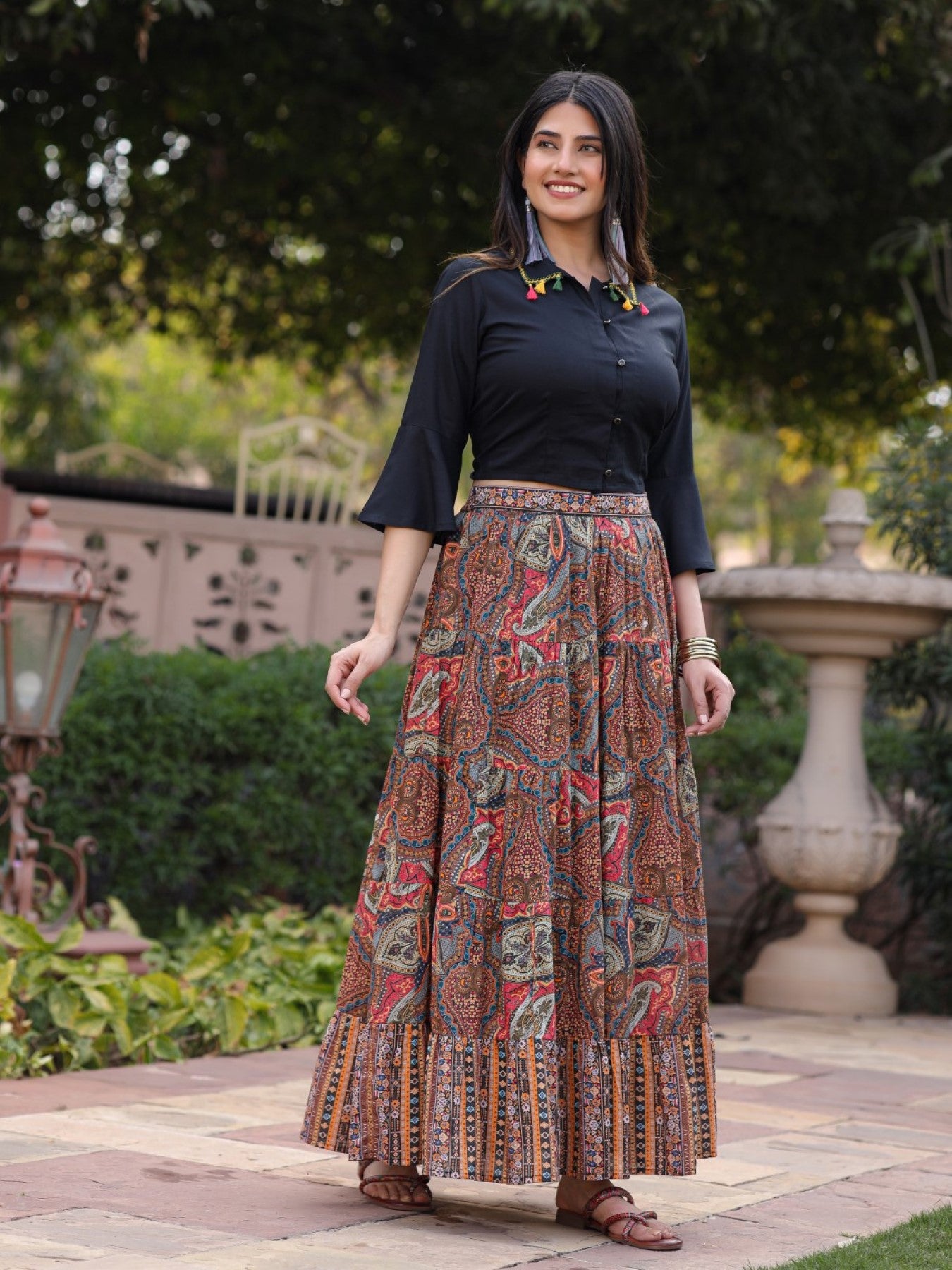 Juniper Women's Solid Liva Rayon Black Shirt With Multi Color Skirt Co-Ord Set - Distacart