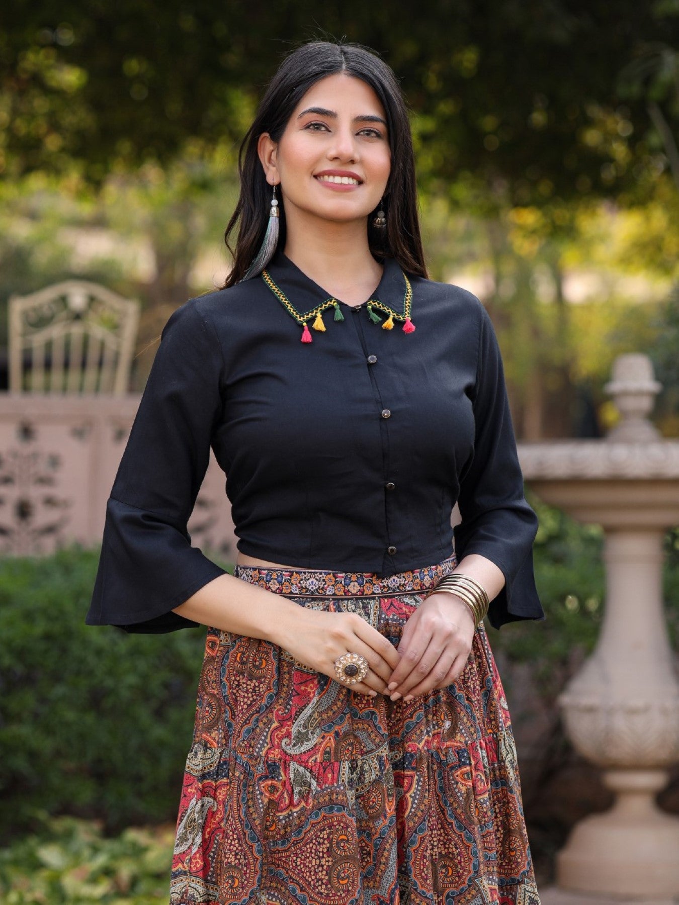 Juniper Women's Solid Liva Rayon Black Shirt With Multi Color Skirt Co-Ord Set - Distacart