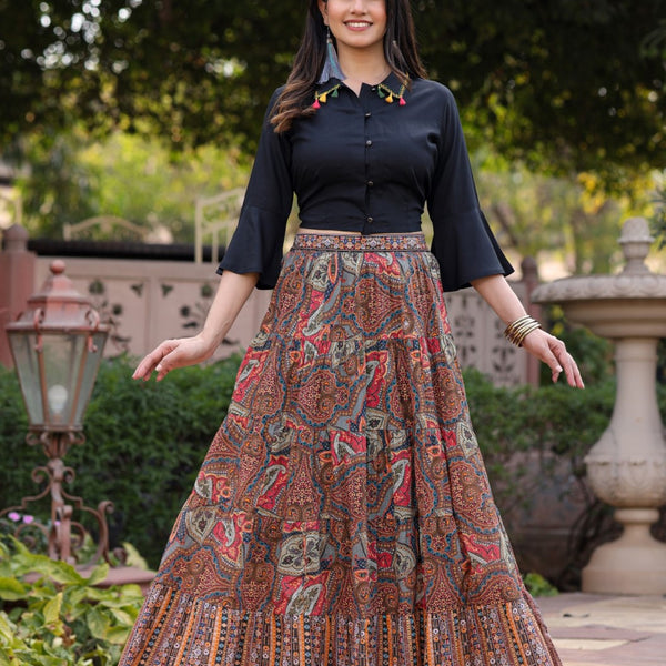 Juniper Women's Solid Liva Rayon Black Shirt With Multi Color Skirt Co-Ord Set - Distacart
