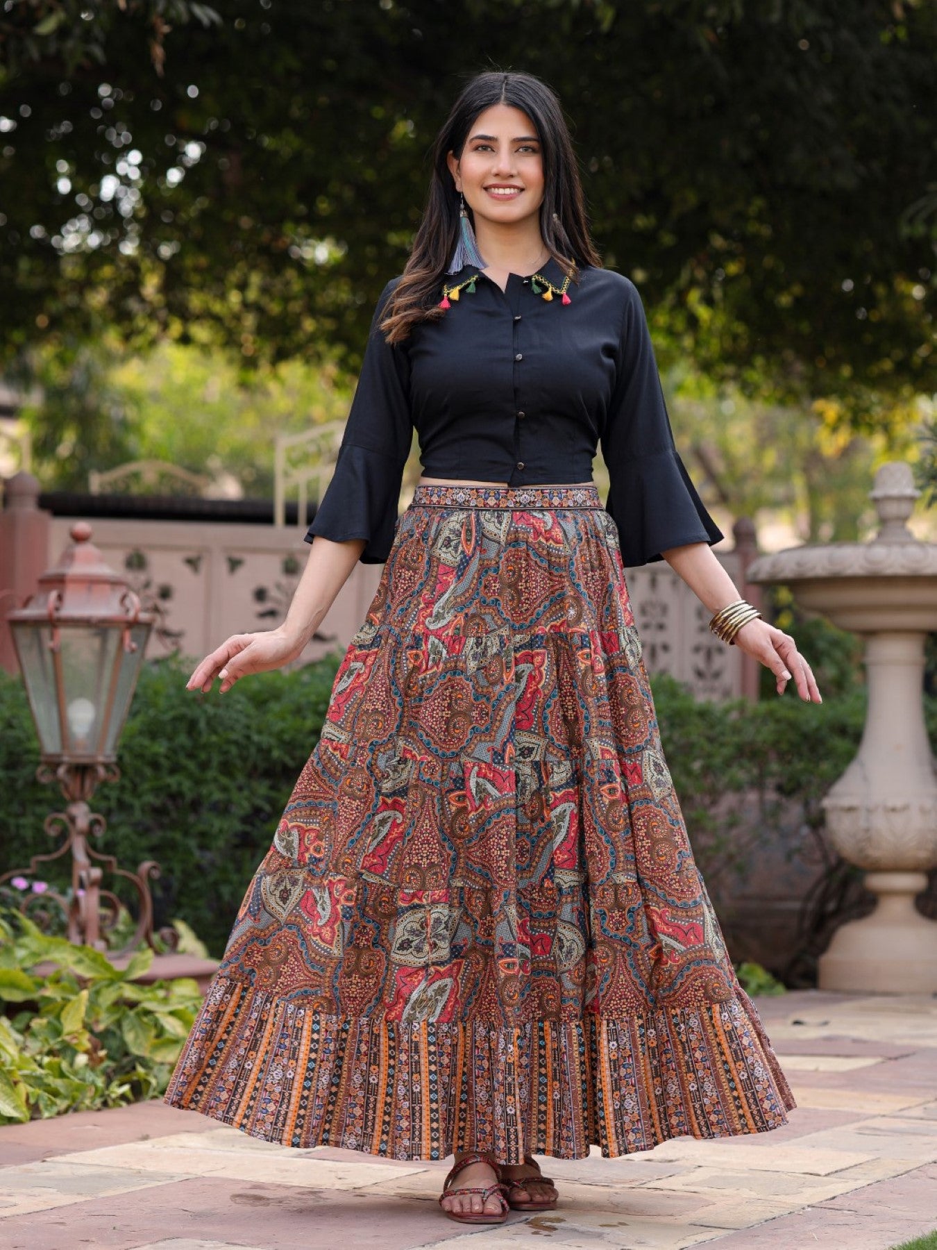 Juniper Women's Solid Liva Rayon Black Shirt With Multi Color Skirt Co-Ord Set - Distacart
