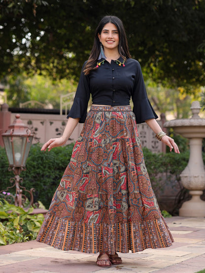 Juniper Women's Solid Liva Rayon Black Shirt With Multi Color Skirt Co-Ord Set - Distacart