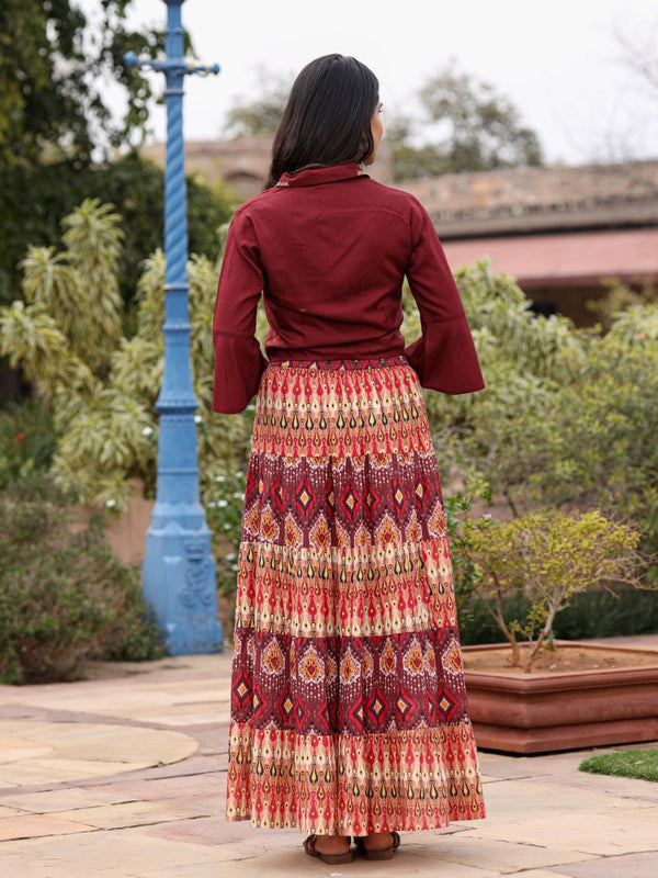 Juniper Women's Solid Liva Rayon Rust Shirt With Multi Color Skirt Co-Ord Set - Distacart