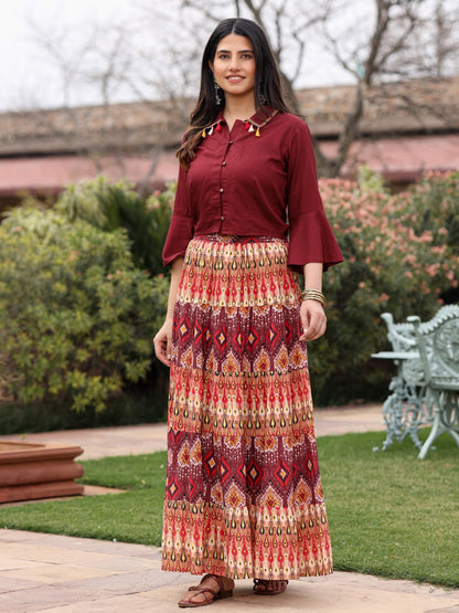 Juniper Women's Solid Liva Rayon Rust Shirt With Multi Color Skirt Co-Ord Set - Distacart