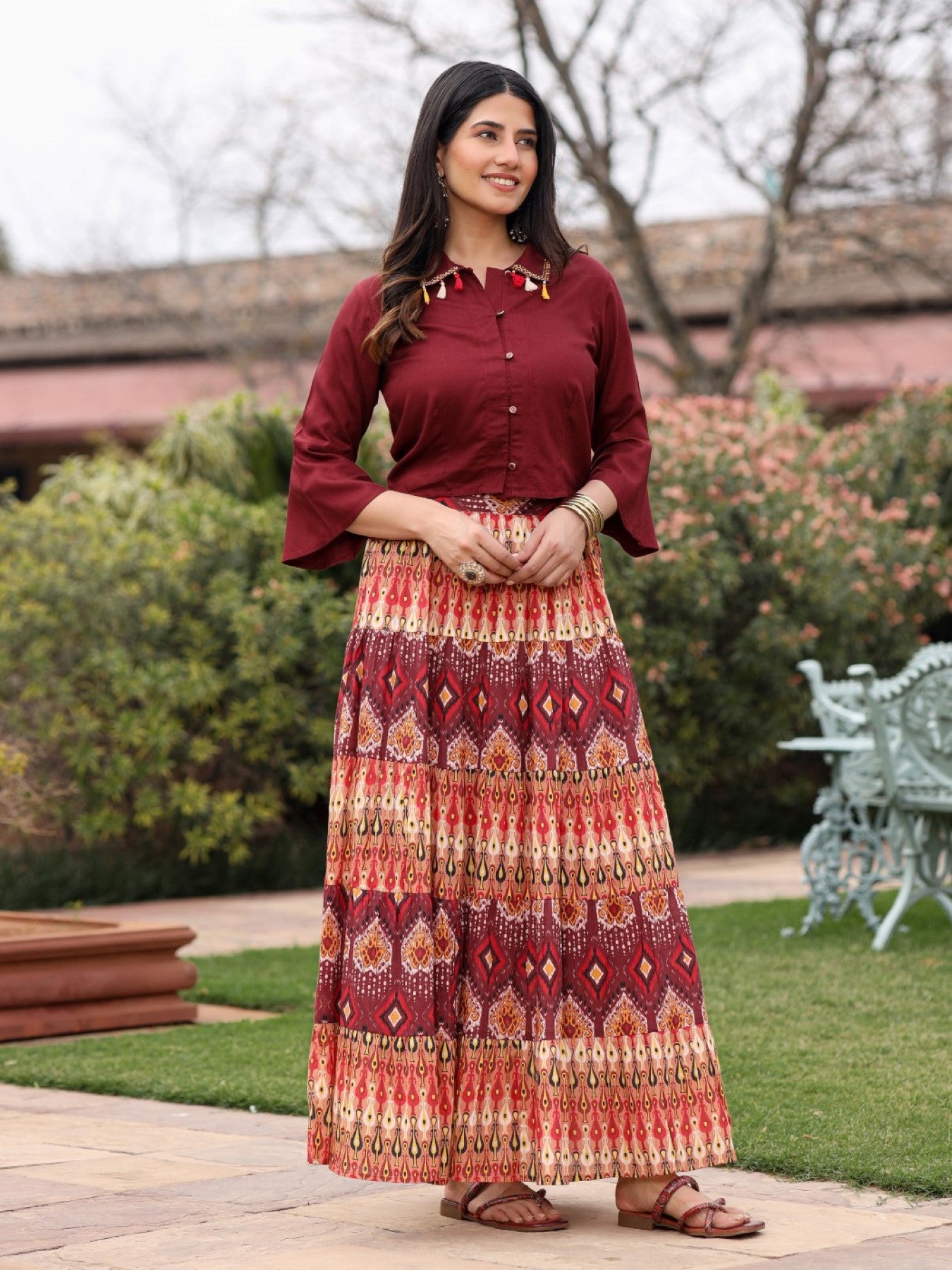 Juniper Women's Solid Liva Rayon Rust Shirt With Multi Color Skirt Co-Ord Set - Distacart