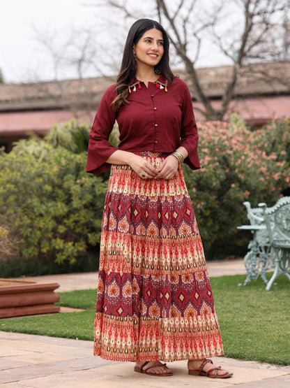 Juniper Women's Solid Liva Rayon Rust Shirt With Multi Color Skirt Co-Ord Set - Distacart