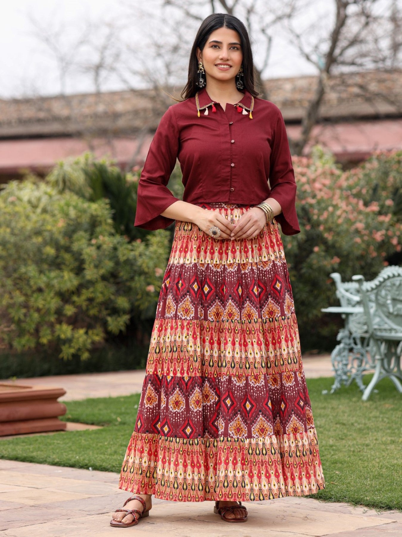 Juniper Women's Solid Liva Rayon Rust Shirt With Multi Color Skirt Co-Ord Set - Distacart