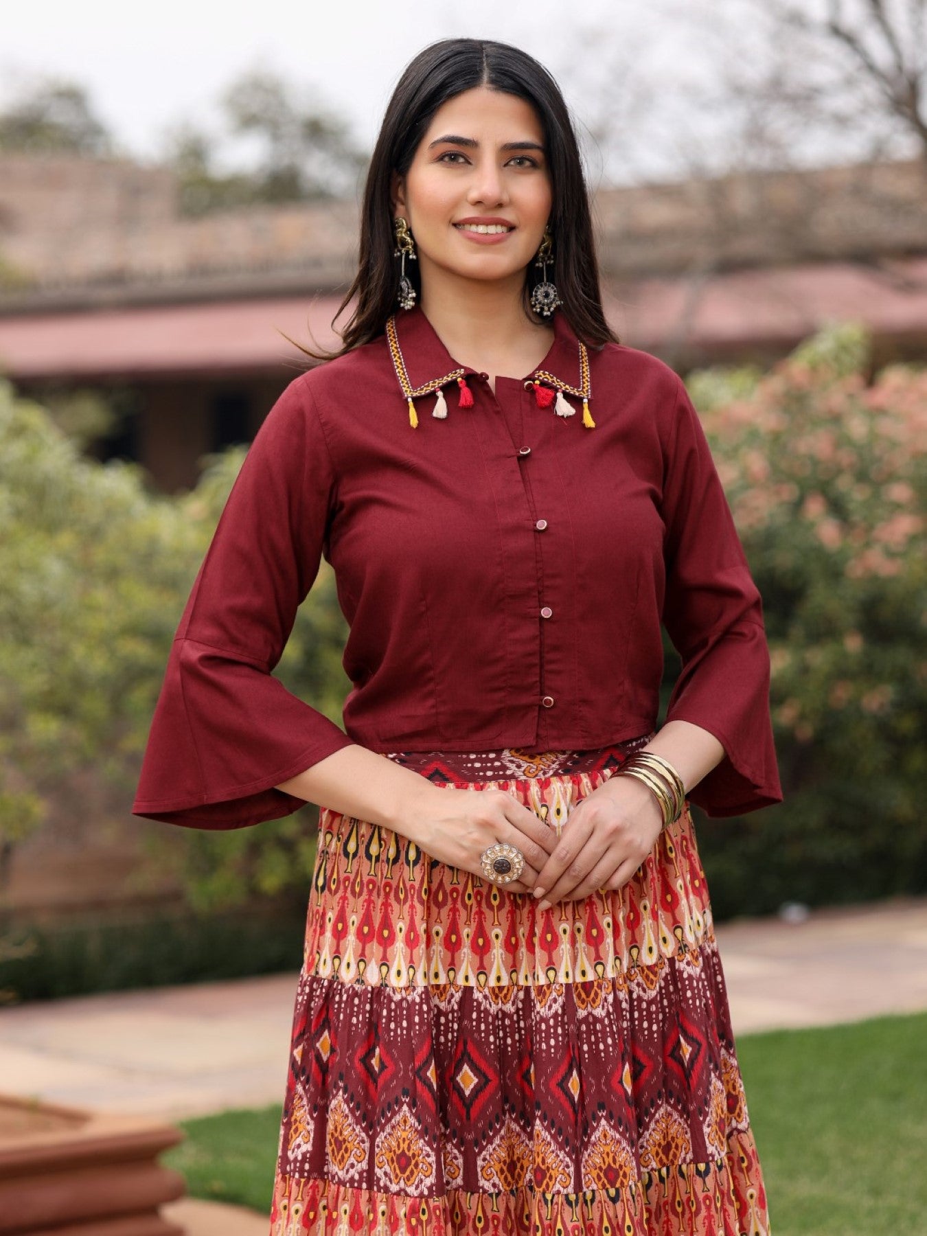 Juniper Women's Solid Liva Rayon Rust Shirt With Multi Color Skirt Co-Ord Set - Distacart