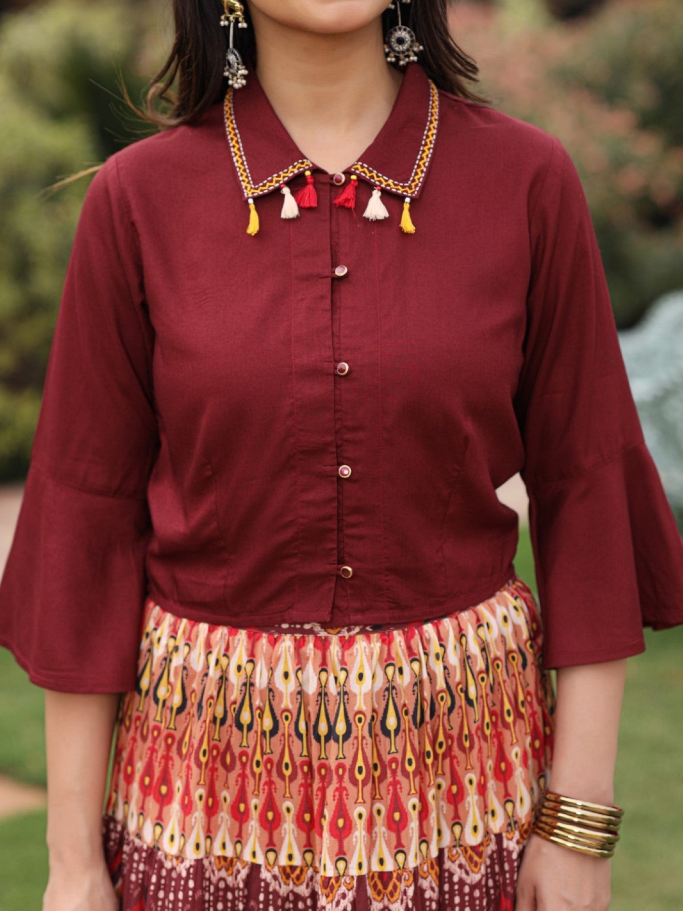 Juniper Women's Solid Liva Rayon Rust Shirt With Multi Color Skirt Co-Ord Set - Distacart