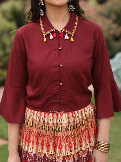 Juniper Women's Solid Liva Rayon Rust Shirt With Multi Color Skirt Co-Ord Set - Distacart