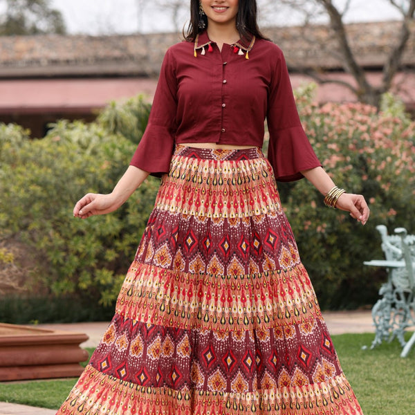 Juniper Women's Solid Liva Rayon Rust Shirt With Multi Color Skirt Co-Ord Set - Distacart