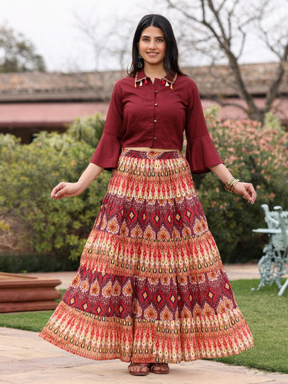 Juniper Women's Solid Liva Rayon Rust Shirt With Multi Color Skirt Co-Ord Set - Distacart