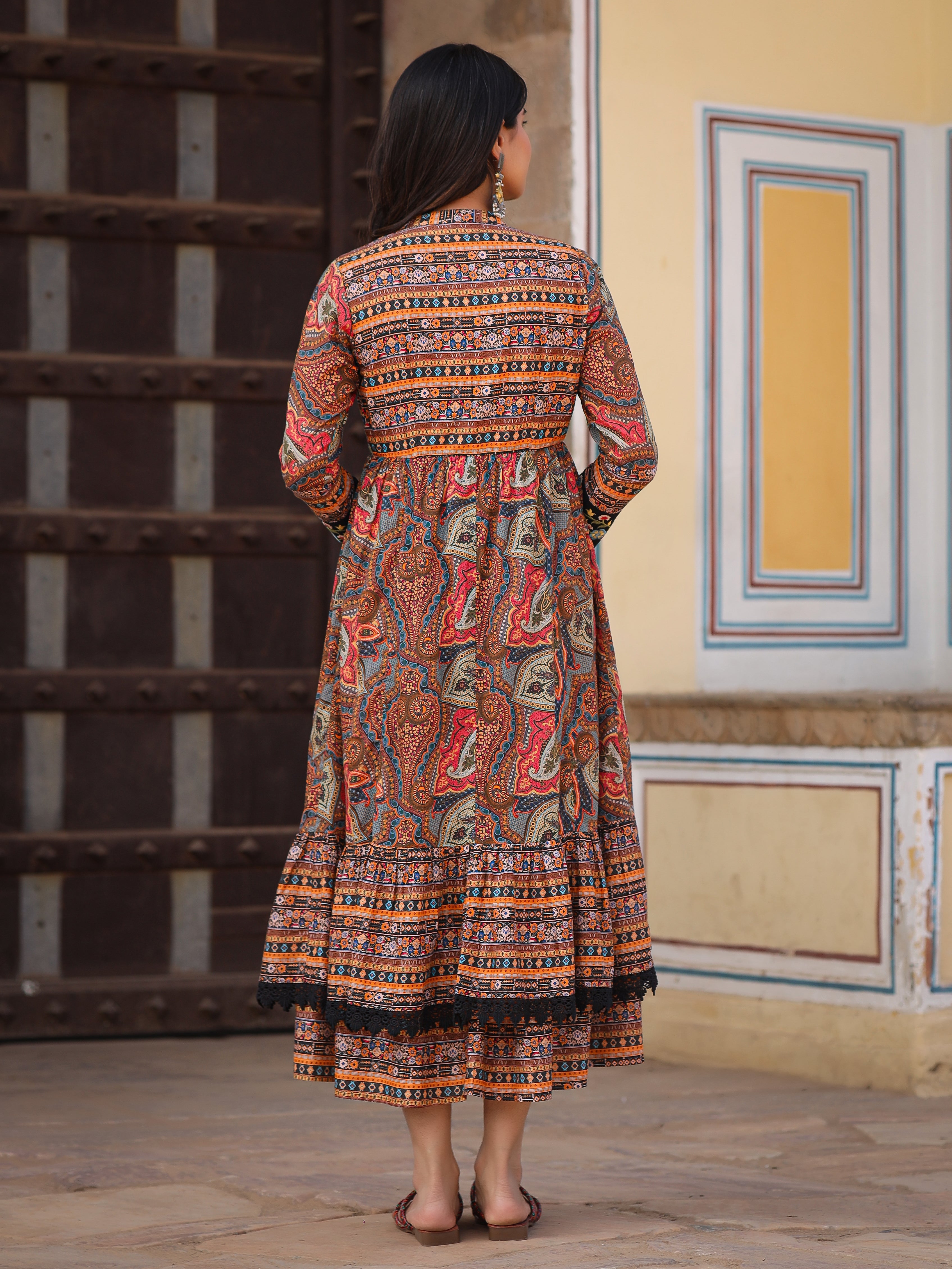 Juniper Women's Multi Colored Cotton Maxi Dress With Ethnic Motifs, Embroidered Jacket, And Long Sleeves - Distacart