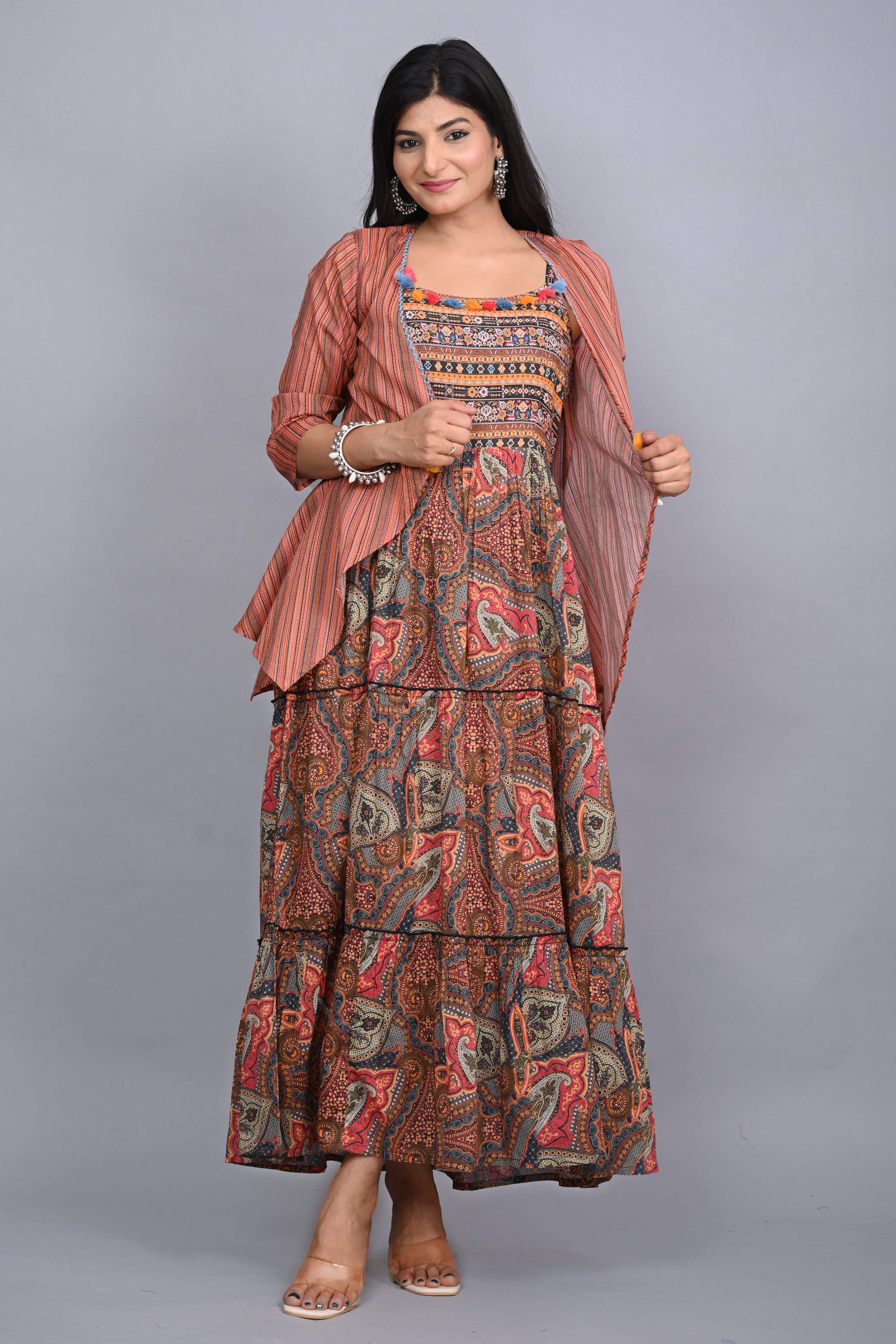 Juniper Multi Colored Cotton Ethnic Motif Maxi Dress with Shrug - Distacart