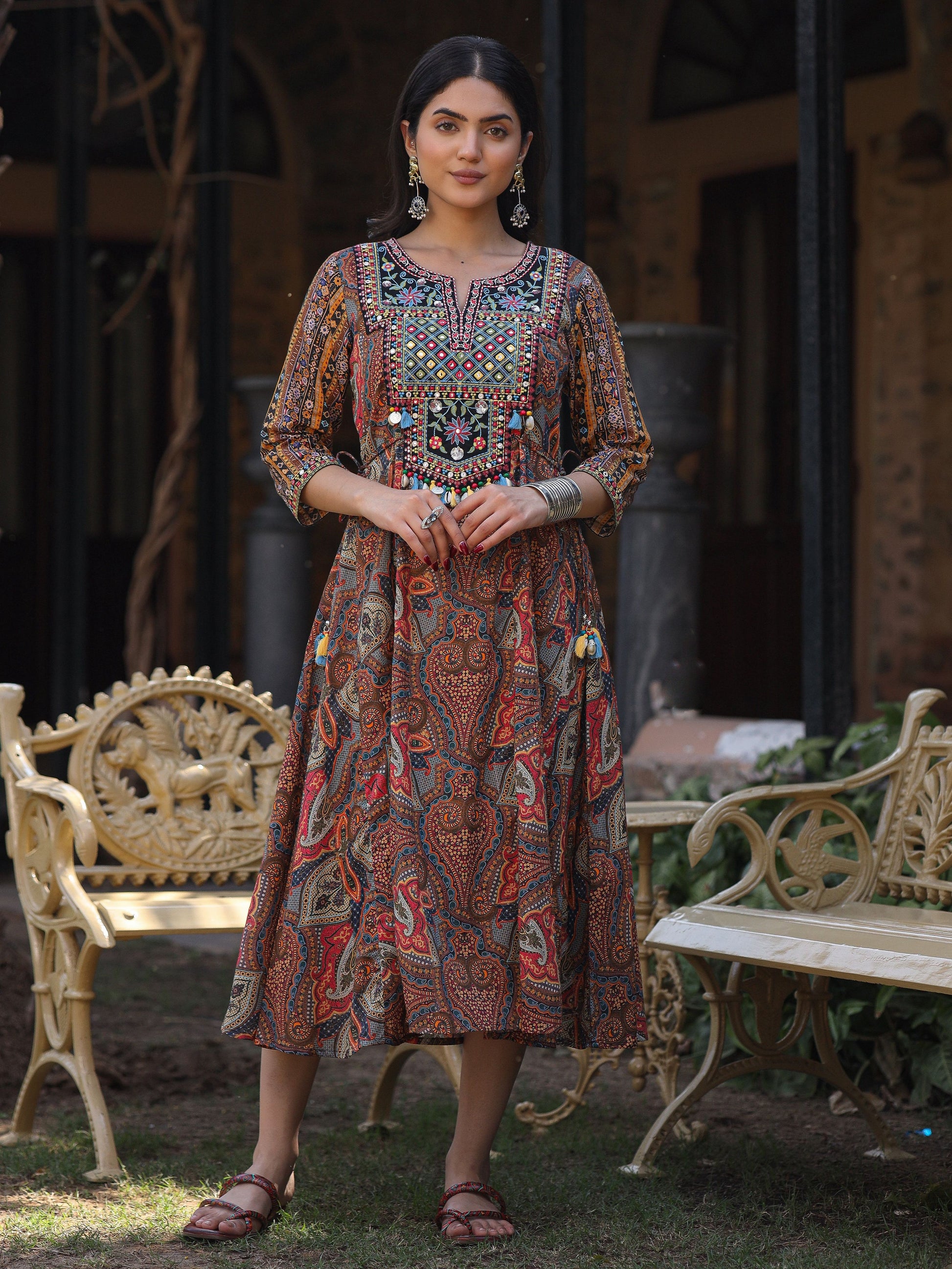 Juniper Women's Multi Colored Cotton Ethnic Motif Printed Maxi Dress with Embroidered Yoke - Distacart